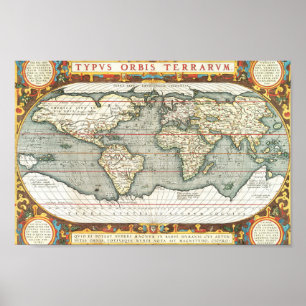 Vintage World Map by Abraham Ortelius 1587–1595 Poster