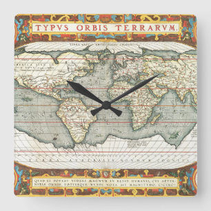 Vintage World Map by Abraham Ortelius 1587–1595 Square Wall Clock
