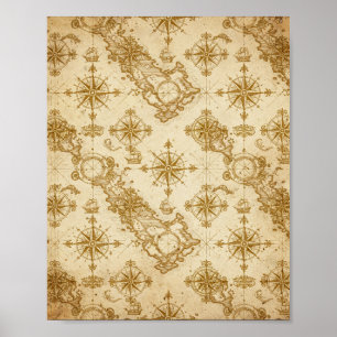 Vintage World Map Compass Rose Art Poster