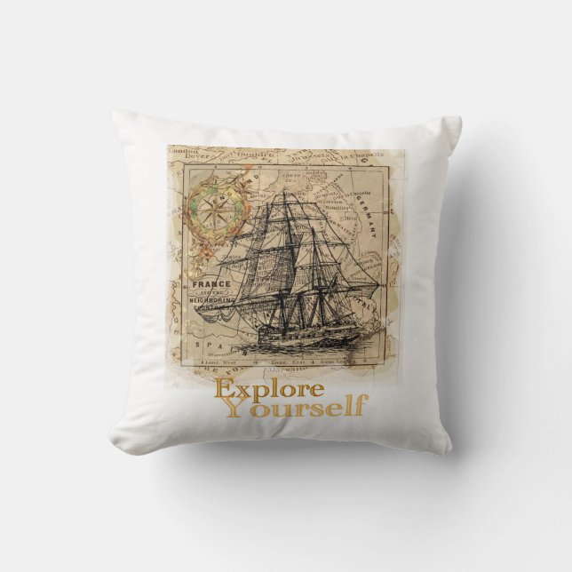 Vintage world map explore yourself cushion (Front)