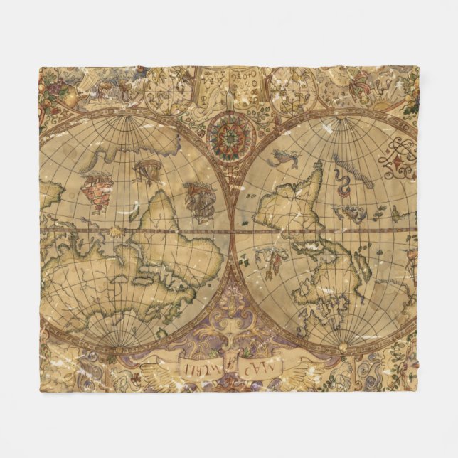 Vintage World Map Fleece Blanket (Front (Horizontal))