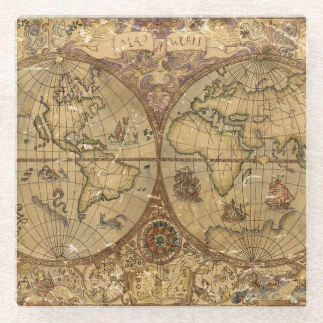 Vintage World Map Glass Coaster (Front)