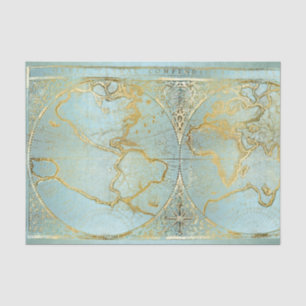 Vintage World Map Gold Aqua Tissue Paper