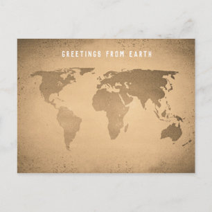 Vintage world map, greetings from earth postcard