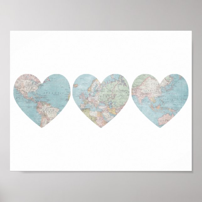 Vintage World Map Hearts Poster (Front)
