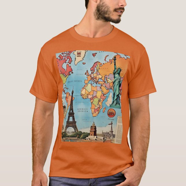 Vintage World Map Iconic Landmarks Mens Tshirts (Front)
