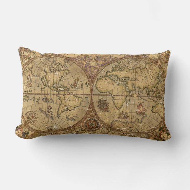 Vintage World Map Lumbar Cushion (Front)