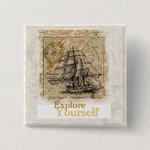 vintage world map motivational quote 15 cm square badge