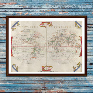 Vintage World Map Nautical Coastal Beach House Poster