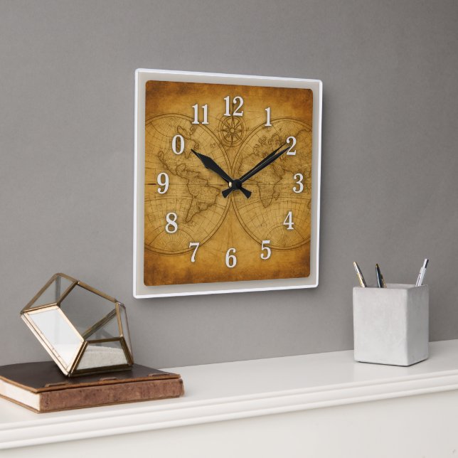Vintage World Map Square Wall Clock (Office)