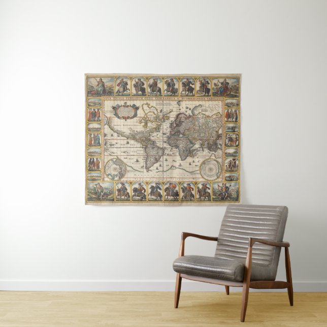 Vintage World Map Tapestry (In Situ (Horizontal))