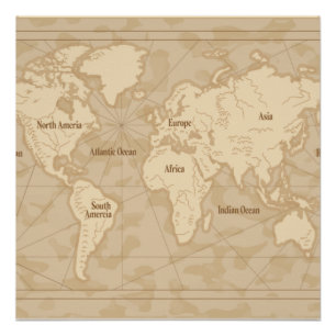 VINTAGE WORLD MAP TRADITIONAL ILLUSTRATION POSTER