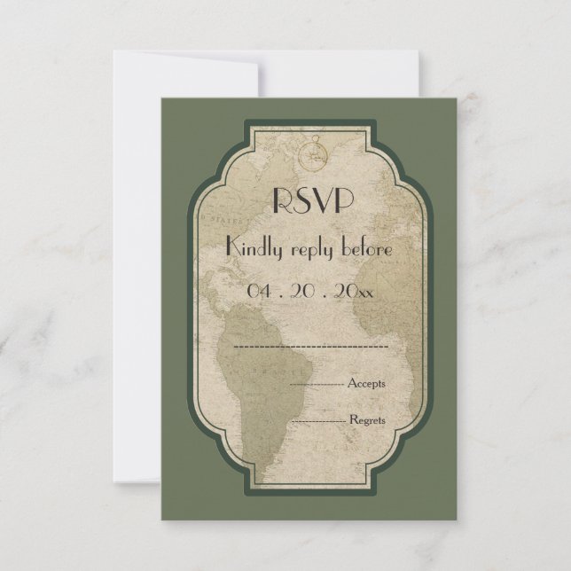 Vintage world map travel themed wedding RSVP (Front)
