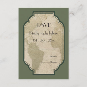 Vintage world map travel themed wedding RSVP Card