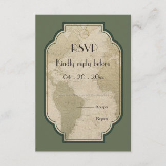 Vintage world map travel themed wedding RSVP Card