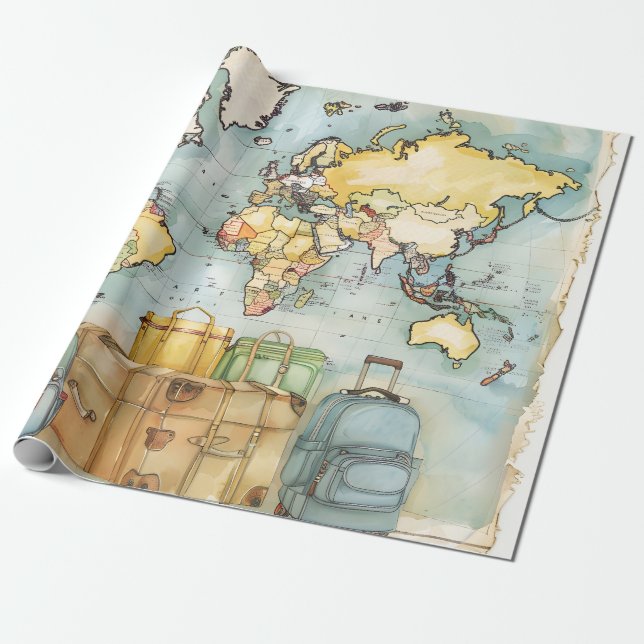 Vintage World Map Travel Wrapping Paper (Unrolled)