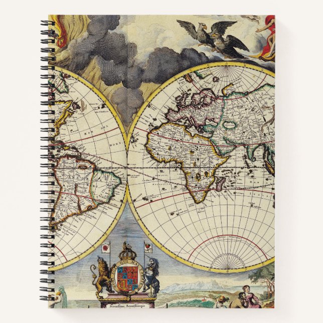 Vintage World Map with Mythological Four Elements Notebook (Front)