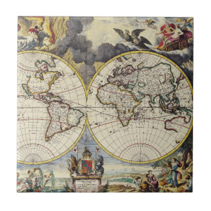 Vintage World Map with Mythological Four Elements Tile