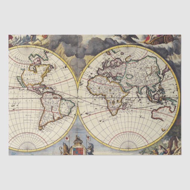 Vintage World Map with Mythological Four Elements Tissue Paper (Front)