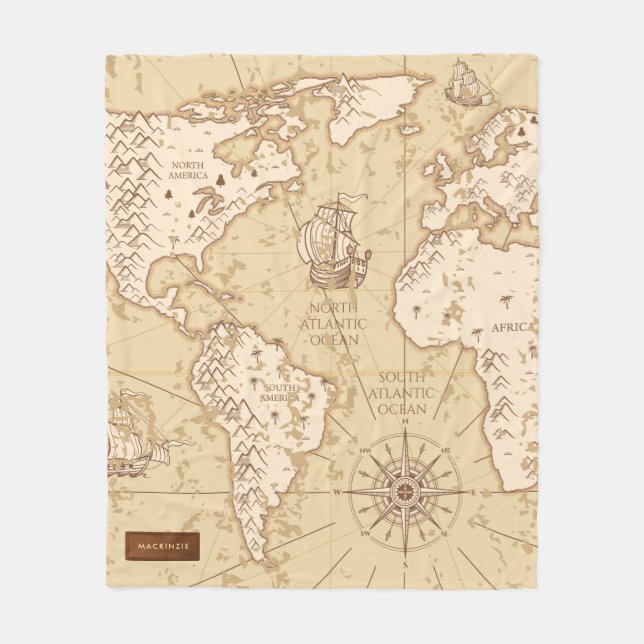 Vintage World Map with Name Fleece Blanket (Front)