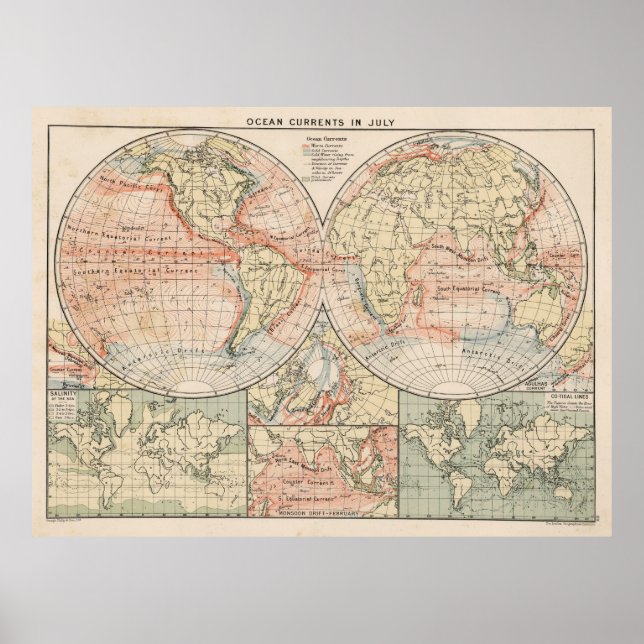 Vintage World Ocean Currents Map (1905) Poster (Front)