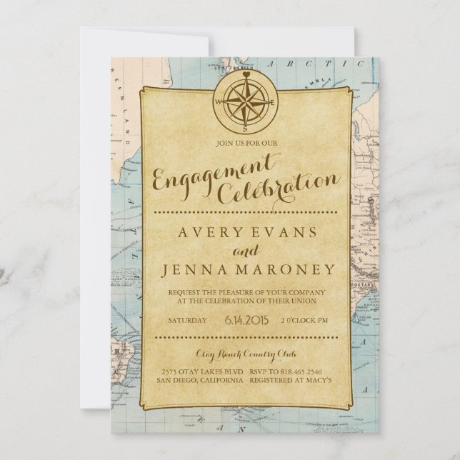 Vintage World Travel Map Engagement Party Invitation (Front)