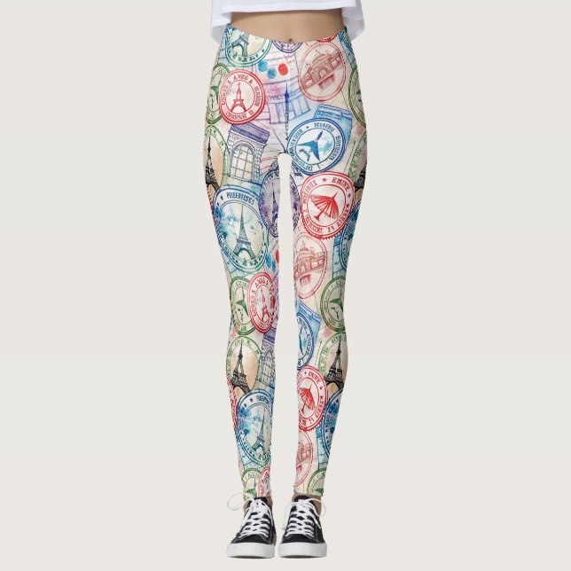 Vintage World Travel Stamp Pattern (2) Leggings (Front)