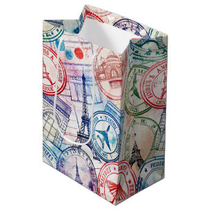 Vintage World Travel Stamp Pattern (2) Medium Gift Bag
