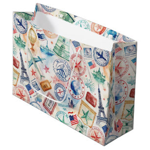 Vintage World Travel Stamp Pattern (3) Large Gift Bag