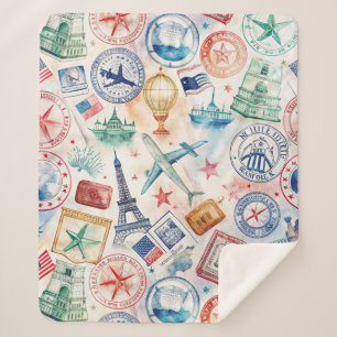 Vintage World Travel Stamp Pattern (3) Sherpa Blanket