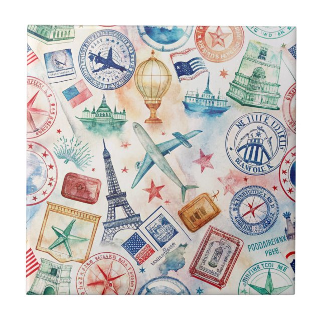 Vintage World Travel Stamp Pattern (3) Tile (Front)