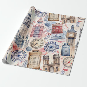Vintage World Travel Stamp Pattern (5) Wrapping Paper