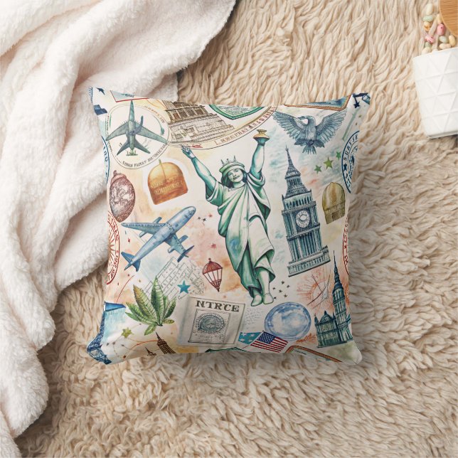 Vintage World Travel Stamp Pattern (6) Cushion (Blanket)