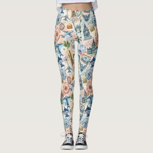 Vintage World Travel Stamp Pattern (6) Leggings