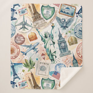 Vintage World Travel Stamp Pattern (6) Sherpa Blanket