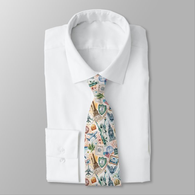 Vintage World Travel Stamp Pattern (6) Tie (Tied)