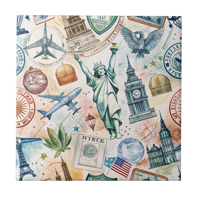Vintage World Travel Stamp Pattern (6) Tile (Front)
