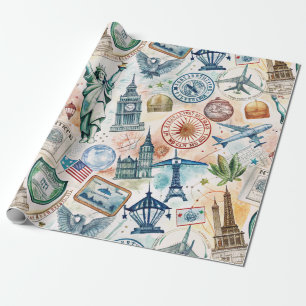 Vintage World Travel Stamp Pattern (6) Wrapping Paper
