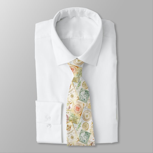 Vintage World Travel Stamp Pattern (7) Tie (Tied)