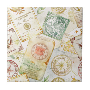 Vintage World Travel Stamp Pattern (7) Tile