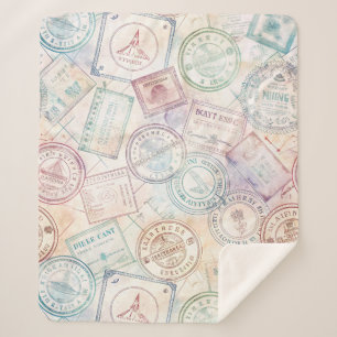 Vintage World Travel Stamp Pattern (8) Sherpa Blanket