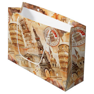 Vintage World Travel Stamp Pattern (9) Large Gift Bag