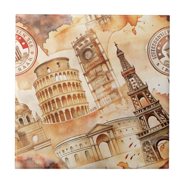 Vintage World Travel Stamp Pattern (9) Tile (Front)
