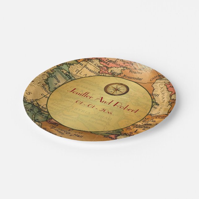 Vintage world travel themed wedding paper plates (Angled)