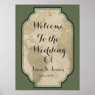 Vintage world travel themed wedding welcome poster