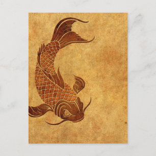 Vintage Worn Koi Fish Design Postcard