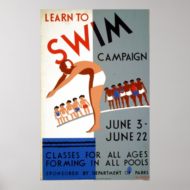 Vintage WPA Learn to Swim Campaign Poster (Front)