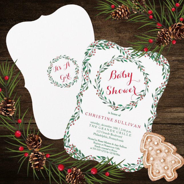 Vintage Wreath Berries Christmas Baby Shower Invitation (Bracket-Style Red Berries and Holly Frame and Wreath Christmas Holiday Baby Shower Invitation)