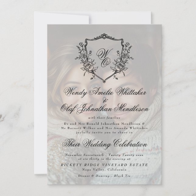 Vintage Wreath Crest Black White Photo Wedding Invitation (Front)