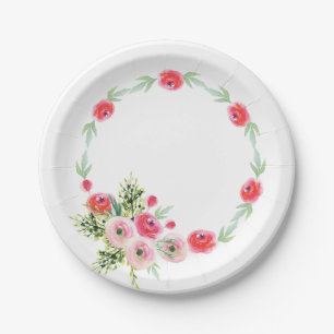 Vintage Wreath Floral Watercolor Bridal Shower Paper Plate